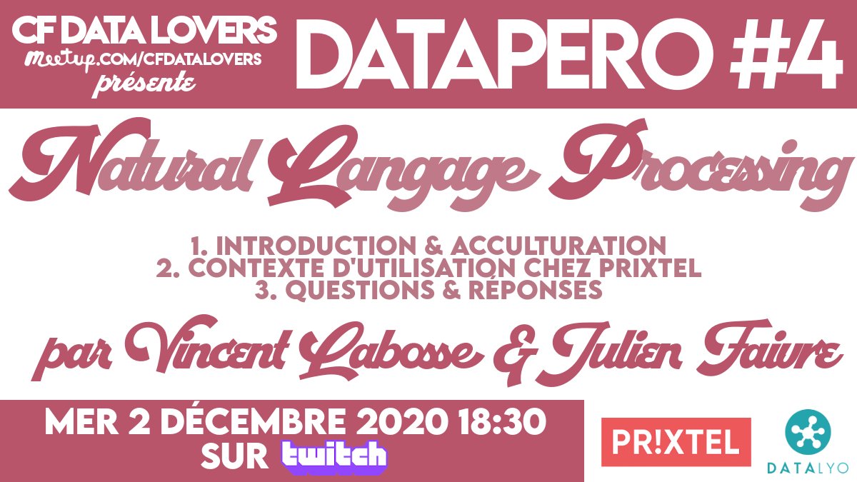 #NLP pour le #DatApéro #4 : bit.ly/DatApero4 😃
Mercredi 02/12 à 18h30 !
On vous attend les #DataLovers de #ClermontFerrand &amp; d'#Auvergne 😍