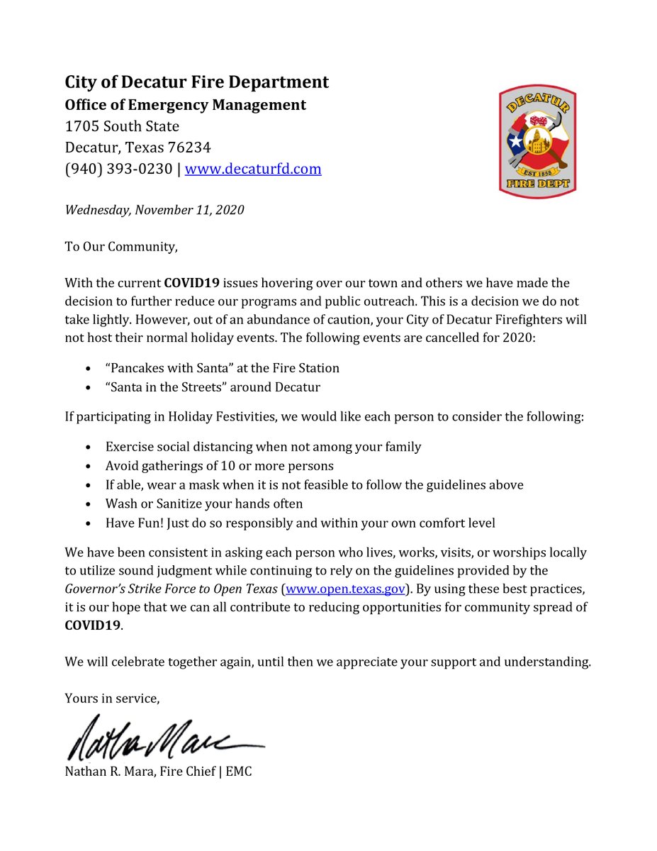 DecaturTXEDC's tweet image. Please read this update from the Decatur Fire Department about events they sadly had to cancel for 2020.

Thank you for your understanding, it's been a rough year for everyone and public safety is of utmost importance.

Guidelines: open.texas.gov
