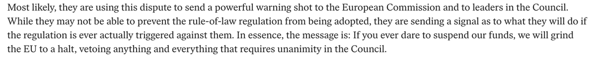 13. So, I think what is happening here is that by putting up a big fight now, HU & PL don't expect to stop the regulation, but they want to send a warning shot - signalling to EU leaders that if they ever dare to actually use the mechanism & suspend funds, they will go ballistic