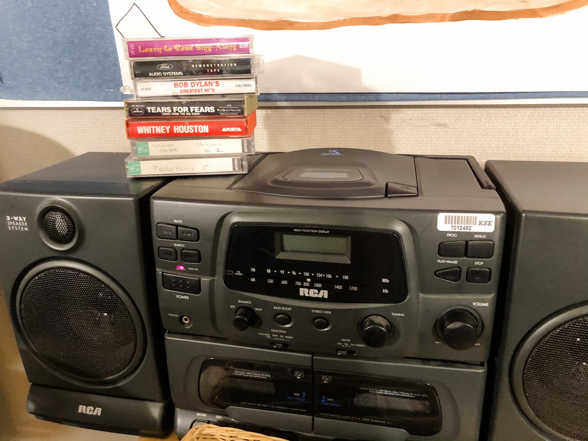 FCImusic's tweet photo. We are ready for 100% virtual classes today! Welcome to our show “Music is My Jam” w/your hosts Mrs. Young &amp; Mrs. Spangler. Little did we know that all those cassette tapes Mrs. Spangler was hoarding would come in handy during a pandemic. #wegotthis @HSESchools  @hsefoundation https://t.co/v9056S6vgG