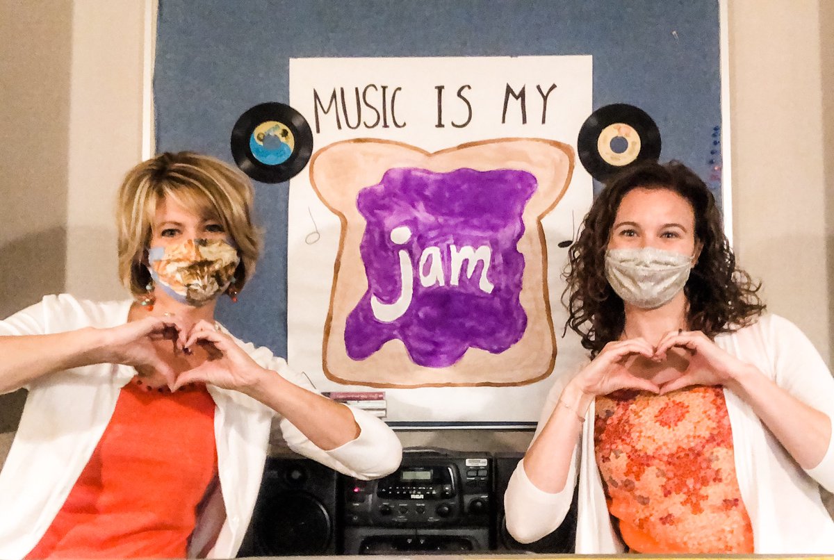 FCImusic's tweet photo. We are ready for 100% virtual classes today! Welcome to our show “Music is My Jam” w/your hosts Mrs. Young &amp; Mrs. Spangler. Little did we know that all those cassette tapes Mrs. Spangler was hoarding would come in handy during a pandemic. #wegotthis @HSESchools  @hsefoundation https://t.co/v9056S6vgG
