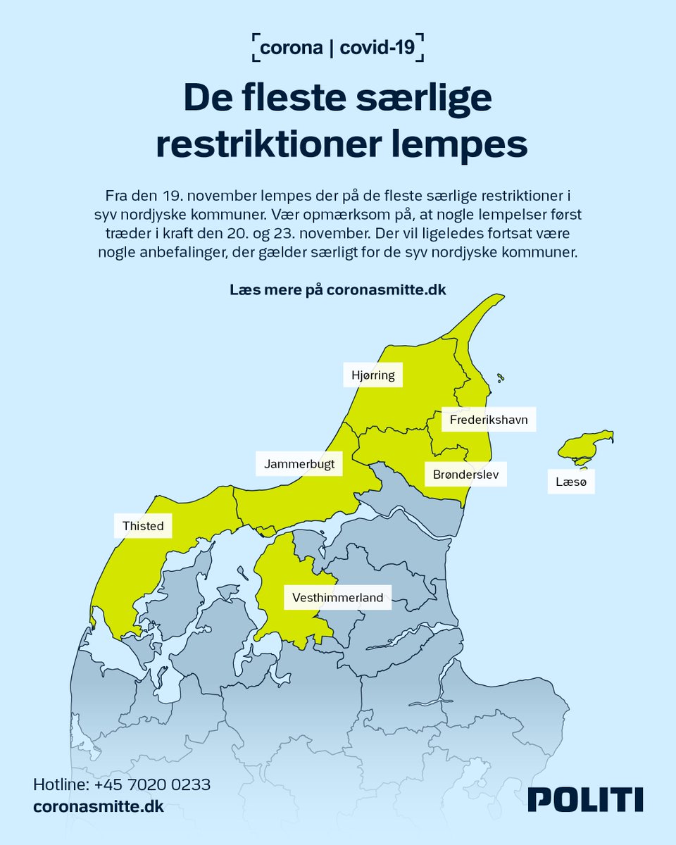 I går blev hovedparten af de særlige restriktioner lempet.
I dag træder lempelserne i kraft vedr. kollektiv trafik, kultur- og fritidsliv, muligheder for forsamlinger og åbning af restauranter, barer m.v. – få det fulde overblik på: https://t.co/8AVuv7eItu #politidk #covid19dk https://t.co/C0RxoqHa6t