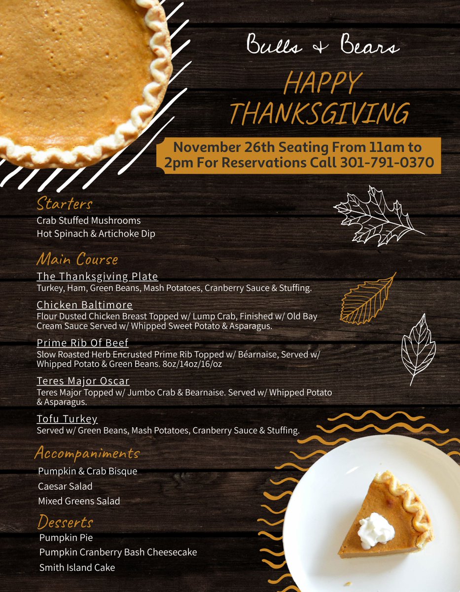 Just a reminder with everyone's plans changing day to day, we are here to make Thanksgiving easy for you! Please call 301-791-0370 to make a reservation for dine in or place a pre-order for carry out!