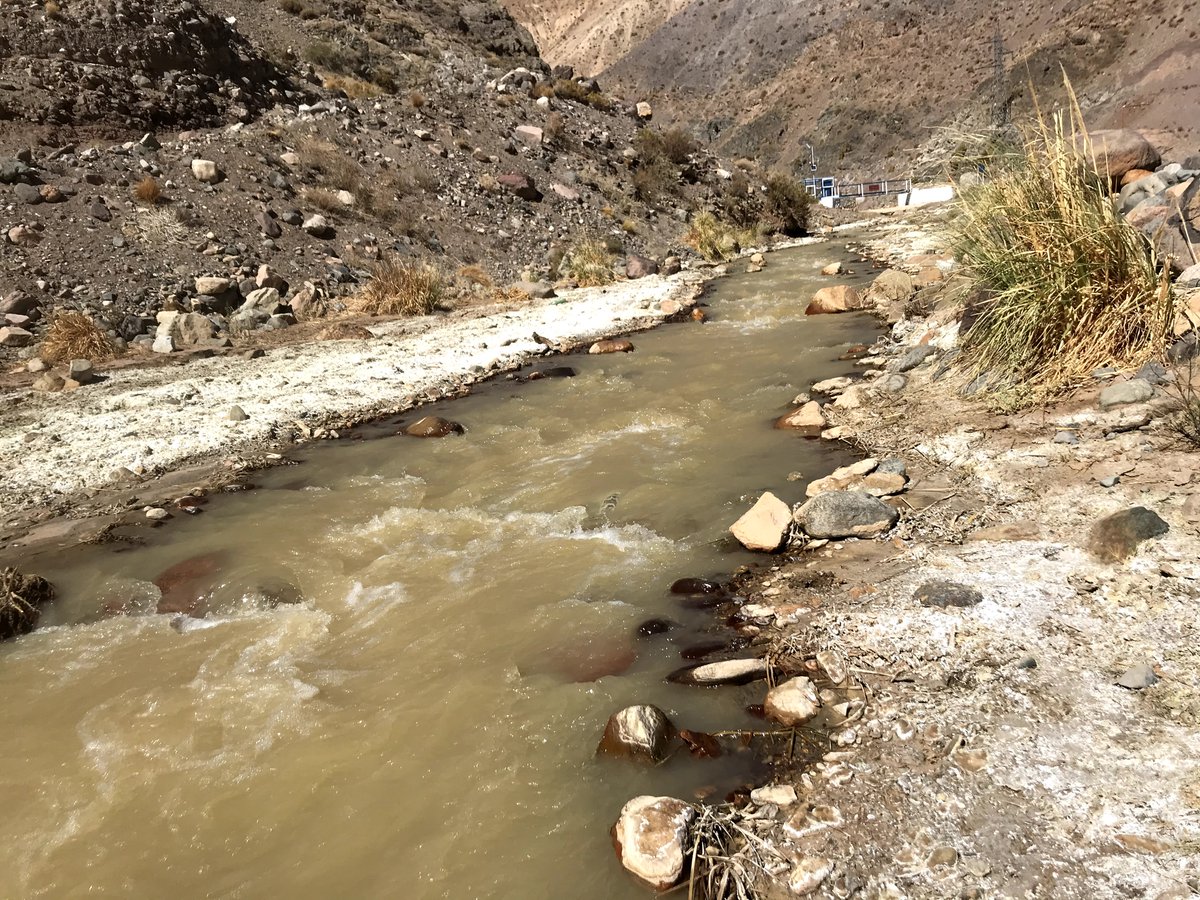 GustavoChiang's tweet photo. El río del Toro o "Malo" fluye desde las obras de cierre de El Indio (desde 2003) en la comuna de Vicuña. En este estero no hay absolutamente nada vivo ni en el cauce húmedo o en las riberas. En esta confluencia vemos claramente la diferencia en "coloración". https://t.co/RBp2fKY7tu