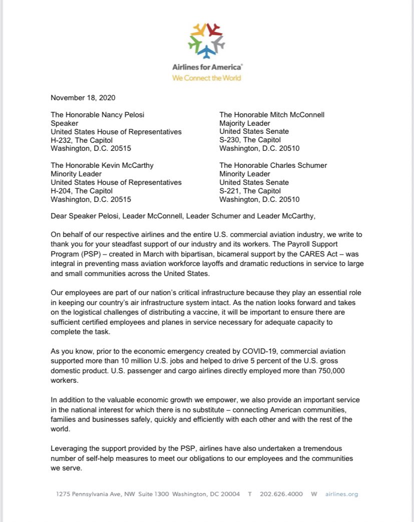 krisvancleave's tweet photo. Airline CEOs urge Congress to pass a new aid package citing vaccine distribution. “As the nation looks forward and takes on the logistical challenges of distributing a vaccine, it will be important to ensure there are sufficient certified employees and planes in service” https://t.co/n3JJUZloz7