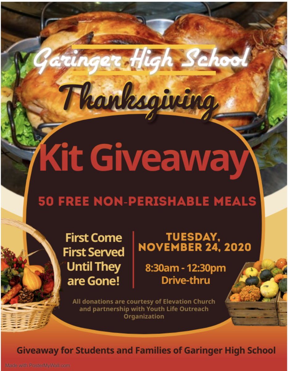 ghswildcat's tweet photo. On Tuesday, November 24, 2020 Garinger High School will provide 50 families with non-perishable meal items for your Thanksgiving Dinner. Distribution will be on a first come first serve basis! We look forward to seeing you Tuesday and always remember "One Life Touches Another." https://t.co/k8SBqijacb
