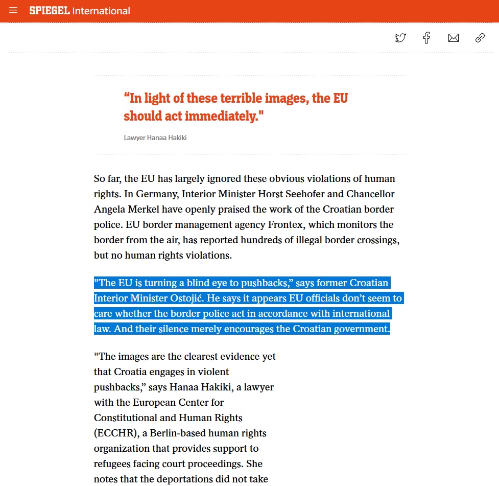 A silent EU? It is true in  #Croatia and it is true in  #Greece. After reports from  @UN,  @coe,  @amnesty,  @hrw, big media outlets and witnesses on the ground, the EU still waits for evidence.  @EU_Commission what more is needed to act?[Quote:  https://www.spiegel.de/international/europe/croatia-video-documents-illegal-refugee-pushbacks-a-294b128d-4840-4d6b-9e96-3f879b0e69af]