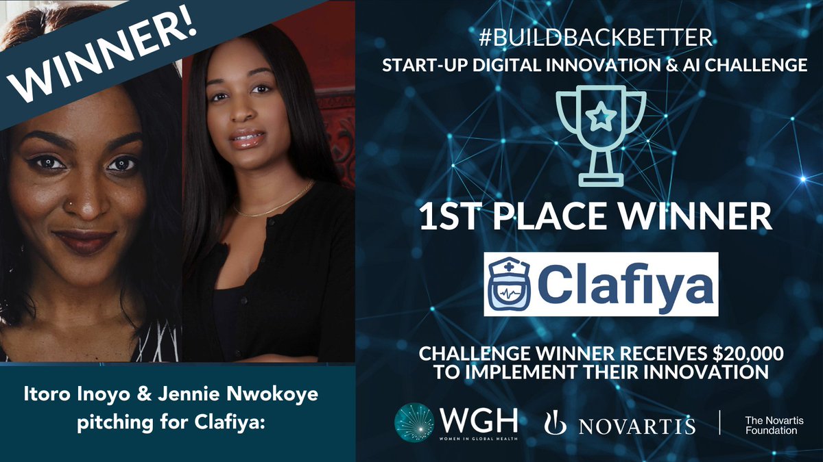 womeninGH's tweet photo. The winner of the #BuildBackBetterChallenge for their digital innovation is...
@Clafiya1!!!
We are so excited to present Clafiya with a prize of $20K to implement and market their innovation. Can't wait to see the impact of your digital health solution
#COVID5050 @NovartisFDN https://t.co/gS2wQraYkP