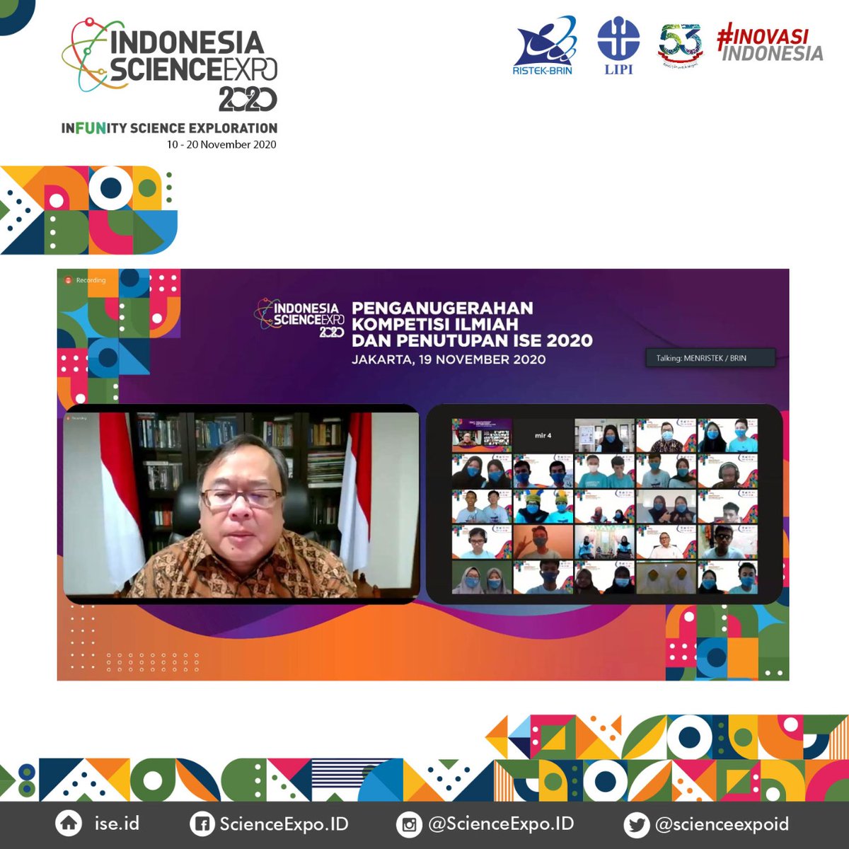 ScienceExpoID's tweet photo. Hi #GenerasiIlmiahIndonesia, hari ini merupakan puncak rangkaian acara kompetisi ilmiah Indonesia Science Expo 2020 (ISE 2020).

#LIPI #LIPI53 #SahabatLIPI #ISE2020 #InovasiIndonesia #ScienceIsFun https://t.co/0NBHLCjahN