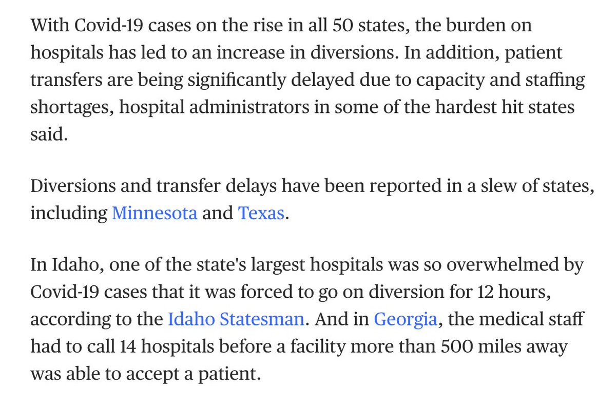 "Diversions" refer to when hospitals can no longer accept patients arriving via ambulance and thus divert the ambulance to another hospital. This is a snowballing crisis as hospitals around the country exceed capacity.  https://www.nbcnews.com/news/us-news/diversions-transfer-delays-plague-hospitals-overwhelmed-covid-19-cases-n1248014
