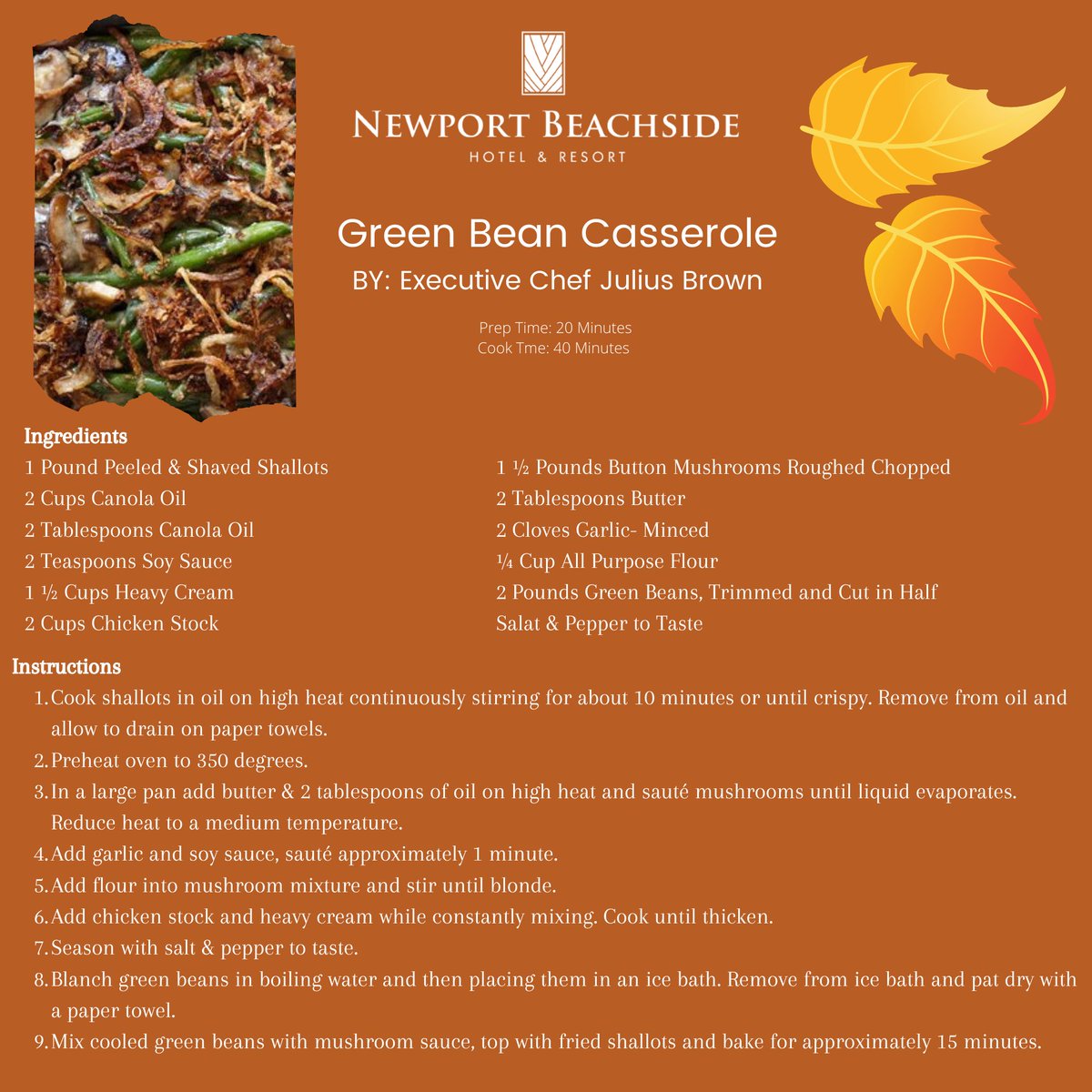 NewportBSR's tweet photo. Chef Julius Brown puts his spin on this traditional holiday favorite side dish. Who doesn’t love a good Green Bean Casserole?
#thanksgiving #thankful #mynewportview #kitchen305 #k305 #newportfamily #miamidinner https://t.co/qVRqPnFndY