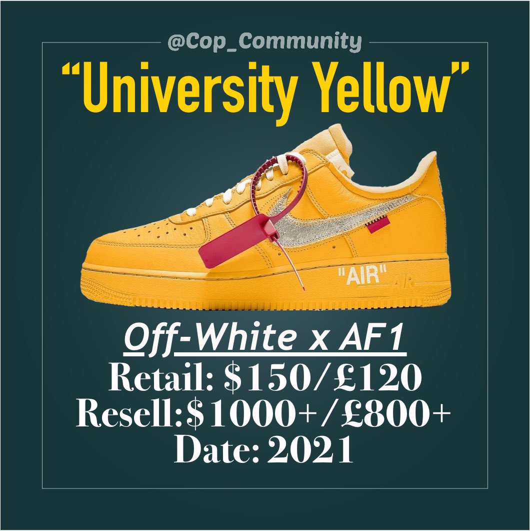 TheCopCommunity's tweet photo. The Off-White x Nike Airforce 1 “University Yellow”🔥These are estimated to be releasing in 2021 💦 #SNKRS #nike #Nike #nikesacai #sacai #offwhite #adidasxIVYPARK #FolloMe #dunk https://t.co/xmYTz9hb8z