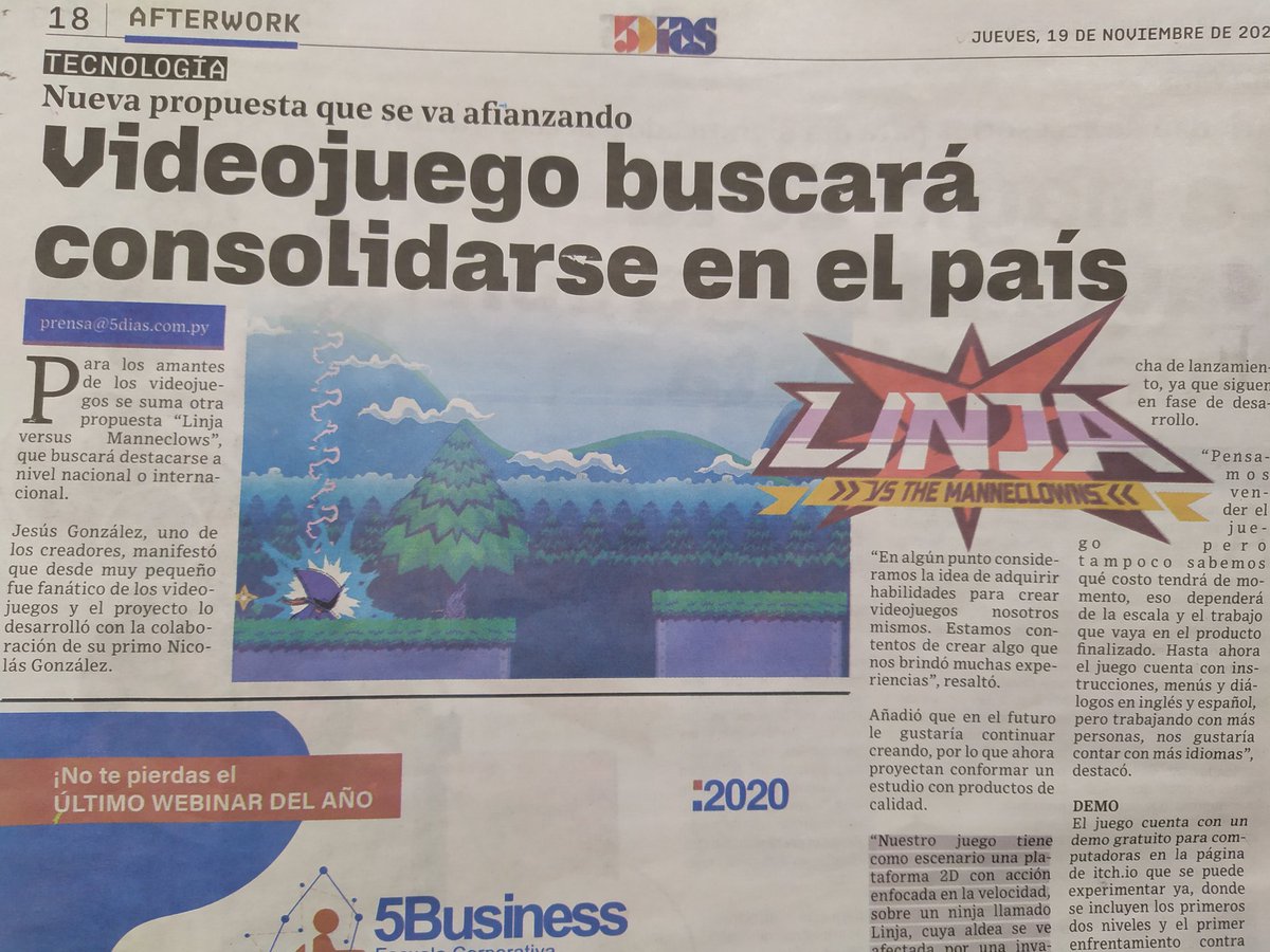 GJDZ02's tweet photo. Linja appeared today on @5diasPY, a national newspaper... Feels somewhat surreal.

We want to thank everyone who made it possible for us to get a note like this, @JiGaMoVe and the people over at @igdapy, and everyone who constantly supports our project! Thanks a lot! https://t.co/eYUcMPo8CQ