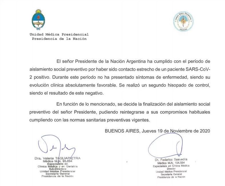 El segundo hisopado de control que me realizaron también dio negativo, por lo que mis médicos dieron por concluido mi aislamiento preventivo y ya estoy en condiciones de volver a mi agenda habitual.

Gracias a todos y a todas por preocuparse. Por favor, sigamos cuidándonos.