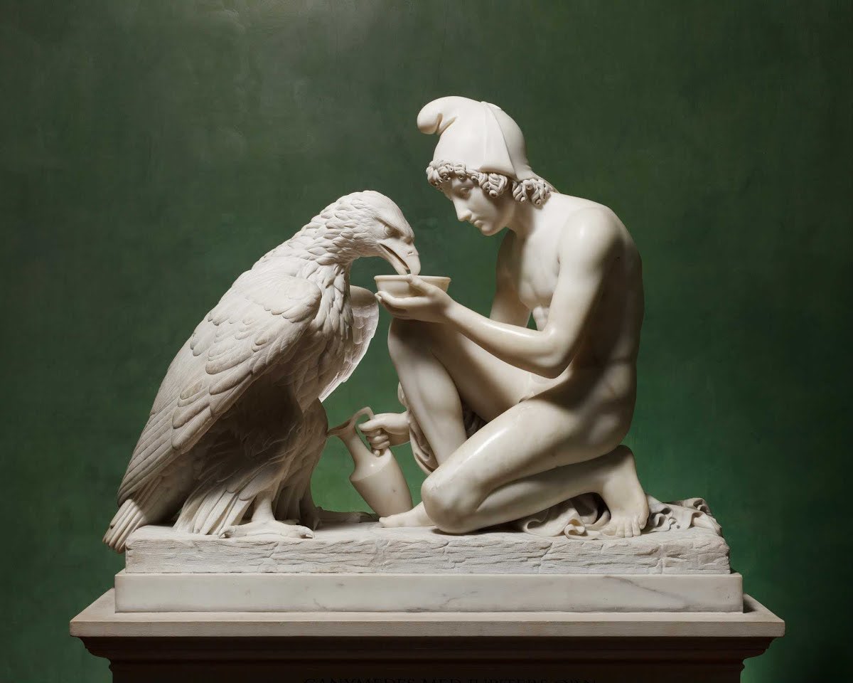 The symbolism in the piece also recalls an early homoerotic allusion to the eagle of Jupiter in David’s feathered helmet-tail. Roman myth told of Jupiter’s eagle looking and lusting after the divine hero, Ganymede.
