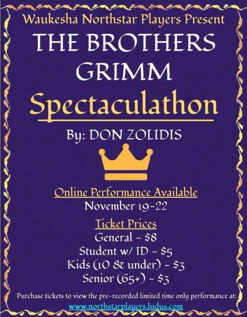 @WaukeshaNorth1The Brothers Grimm Spectaculathon goes live TODAY!

Go to northstarplayers.ludus.com to buy your ticket and receive a link to the pre-recorded performance that you can watch at ANY time between 11/19-11/22!

Don't miss out and get your tickets today!