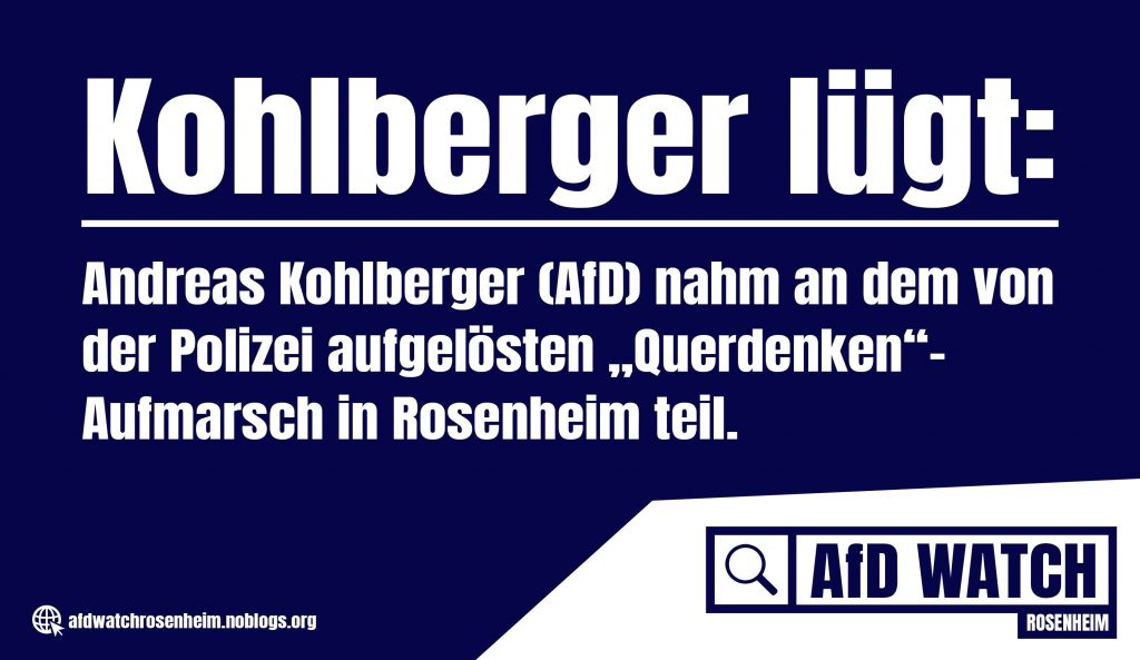 AfDWatchRo's tweet photo. Andreas #Kohlberger (Stadtrat der AfD #Rosenheim) lügt – Er war Teilnehmer des von der Polizei aufgelösten #Querdenken-Aufmarsches. Das beweisen Videos. Im Haupt- und Finanzausschusses behauptete er „Ich bin den Marsch nicht mitgegangen".
https://t.co/miXSAYmOzW #noafd https://t.co/UxGleS2d1w