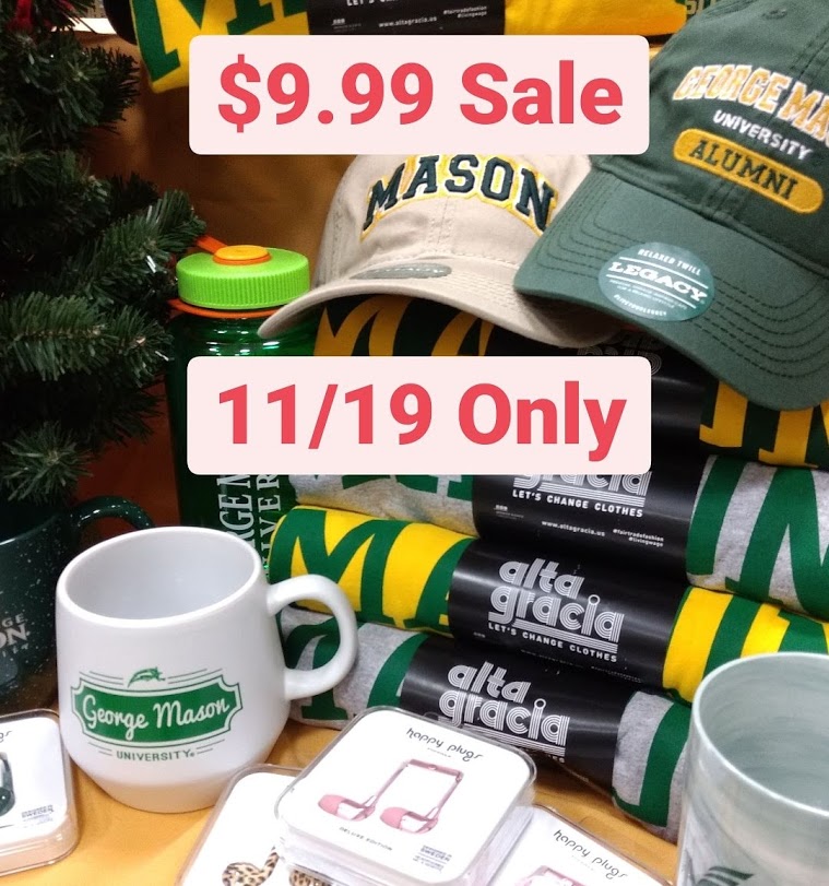 GeorgeMasonBook's tweet photo. $9.99 Sale Today Only!  Select hats, rolled tees, drinkware and headphones all $9.99.  link to sale https://t.co/RpC2kHeddX https://t.co/YmQBKT9AL8