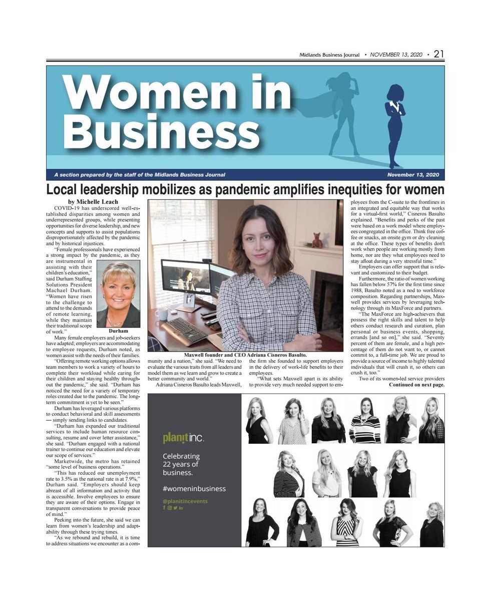 We are so proud of our technology partner @maxwellapphq! Founder <a href="/CisnerosBasulto/">Adriana Cisneros B</a> is featured on the front page of Midlands Business Journal's 2020 #WomenInBusiness issue. Check out her #solution for struggling employees: buff.ly/3kPe3pw #businessleaders #WomenInTech