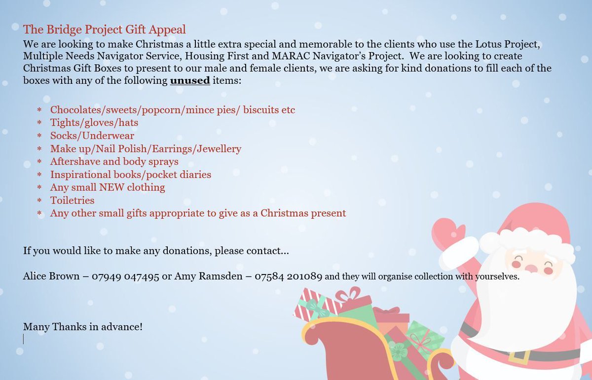 Would you please help creating something special and personal during the festive season for beneficiaries of various services <a href="/Bridge_Proj/">The Bridge Project</a>? See the flyer for more information on any donation(s) that you can make.
#ChristmasAppeal
#Bradford 
#Charity 
buff.ly/36PtN6T