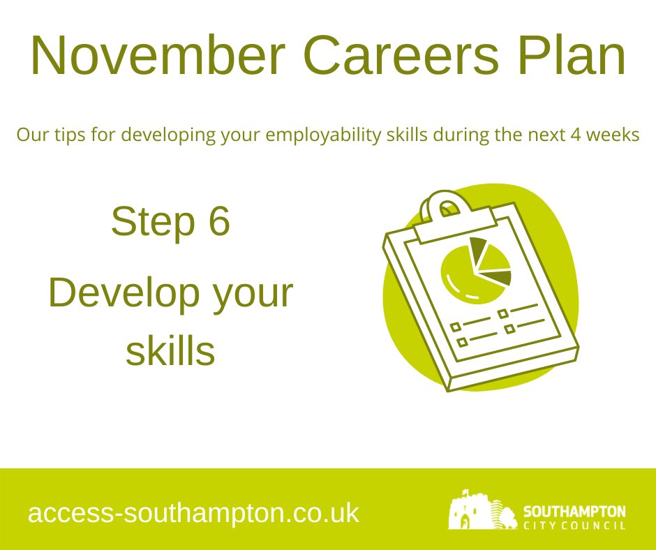 November Careers Plan Step 6: Develop your skills @NationalCareers Skills Checkers:  https://nationalcareers.service.gov.uk/skills-assessmentFind training courses with the Skills Toolkit:  https://theskillstoolkit.campaign.gov.uk/&nbsp;What skills do employers look for?  https://www.ucas.com/careers/getting-job/what-are-employers-looking