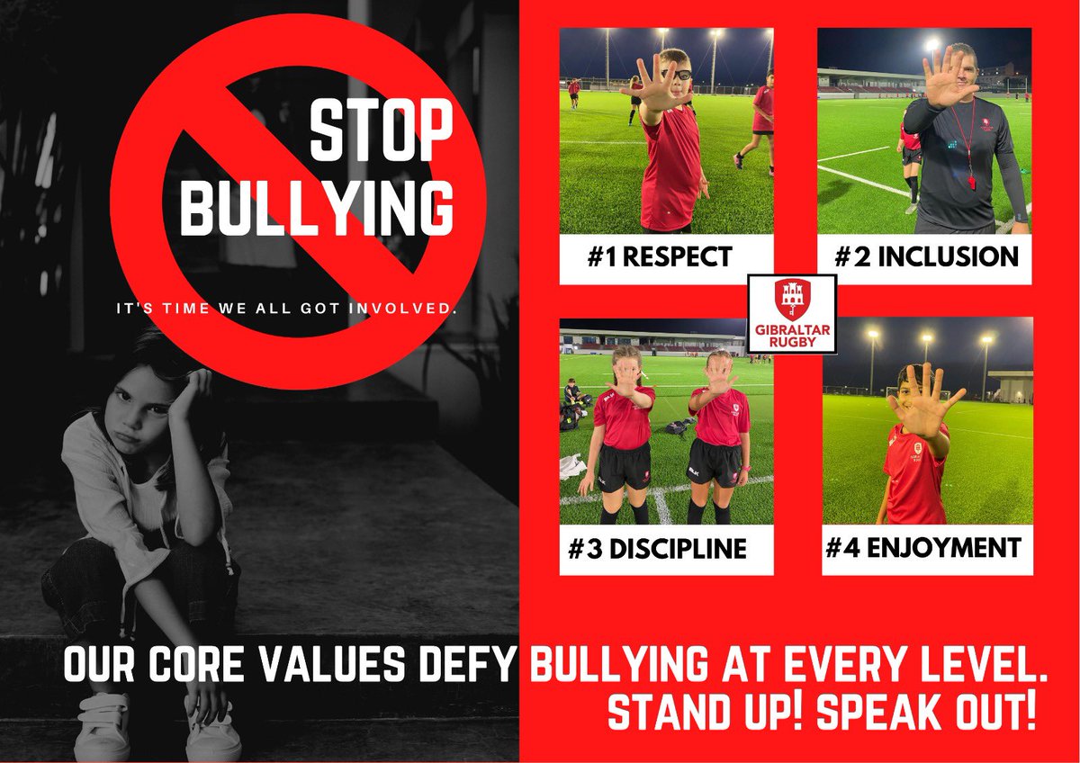 This week is Anti-Bullying Week. We are #UnitedAgainstBullying. Bullying will not play a part on our pitch, or in our changing rooms, and should not play any part in our schools or the workplace. Stand up! Speak out! 

#weareagainstbullying #antibullyingweek #GibraltarRugbyFamily
