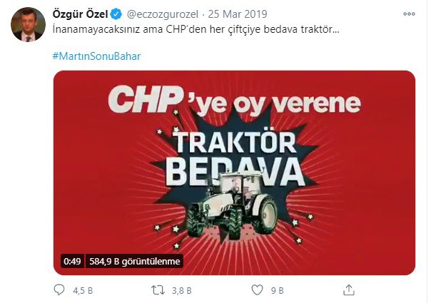 medya adamı on Twitter: "Özgür Özel'i izledim “CHP iktidar olursa şunları  şunları yapacağız” dedi. Özgür Beye 25 Mart 2019'da verdiği sözü  hatırlatmak istiyorum “CHP'ye oy verene traktör bedava” demişti,  traktörleri neden vermediniz? @