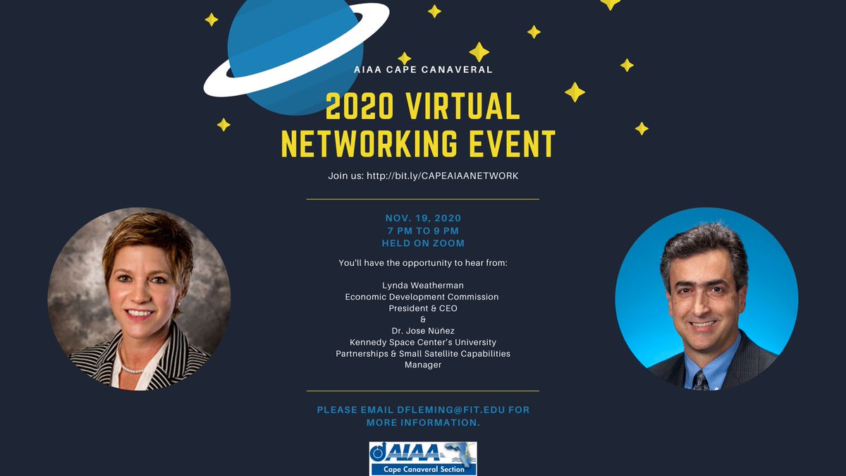 TONIGHT: Join us for a virtual networking event tonight at 7 p.m. ET!

Don't miss out on a chance to meet other AIAA Cape Canaveral section members and to hear from our two spectacular guests: Lynda L. Weatherman and Jose Núñez.

Learn more here: bit.ly/3k3SW2x