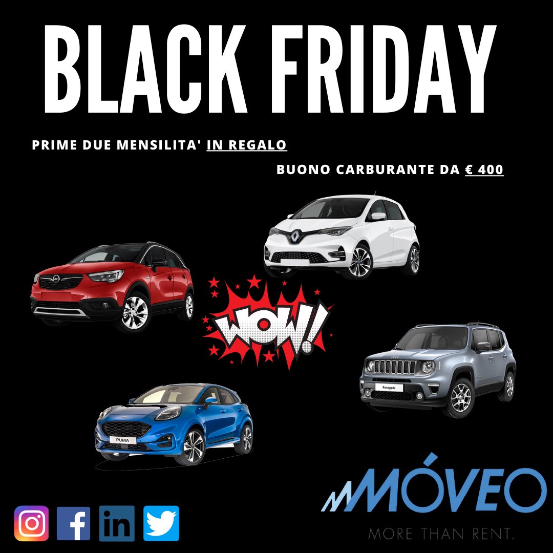 Móveo (@mveo16) on Twitter photo Il #BLACKFRIDAY da noi INIZIA OGGI ❗️
📢OFFERTE RISERVATE A PRIVATI 📢 SPER PROMO su veicoli in pronta consegna.
🎁 IN REGALO inoltre avrai:
✅ carta carburante da €400
✅ 2 mensilità in REGALO
✅ consegna in 30 gg
moveorent.it
📞 0376 427709
📧 info@moveorent.it Il #BLACKFRIDAY da noi INIZIA OGGI ❗️
📢OFFERTE RISERVATE A PRIVATI 📢 SPER PROMO su veicoli in pronta consegna.
🎁 IN REGALO inoltre avrai:
✅ carta carburante da €400
✅ 2 mensilità in REGALO
✅ consegna in 30 gg
moveorent.it
📞 0376 427709
📧 info@moveorent.it