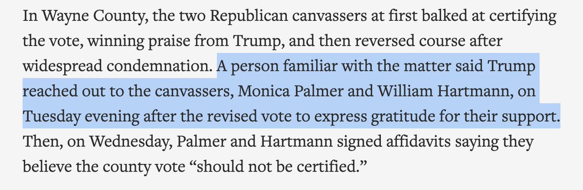 . @AP reports that Trump "reached out to" the Wayne County GOP canvassers after they backed down. So now they're trying to back down from backing down.  https://twitter.com/rossgarber/status/1329436473788149767