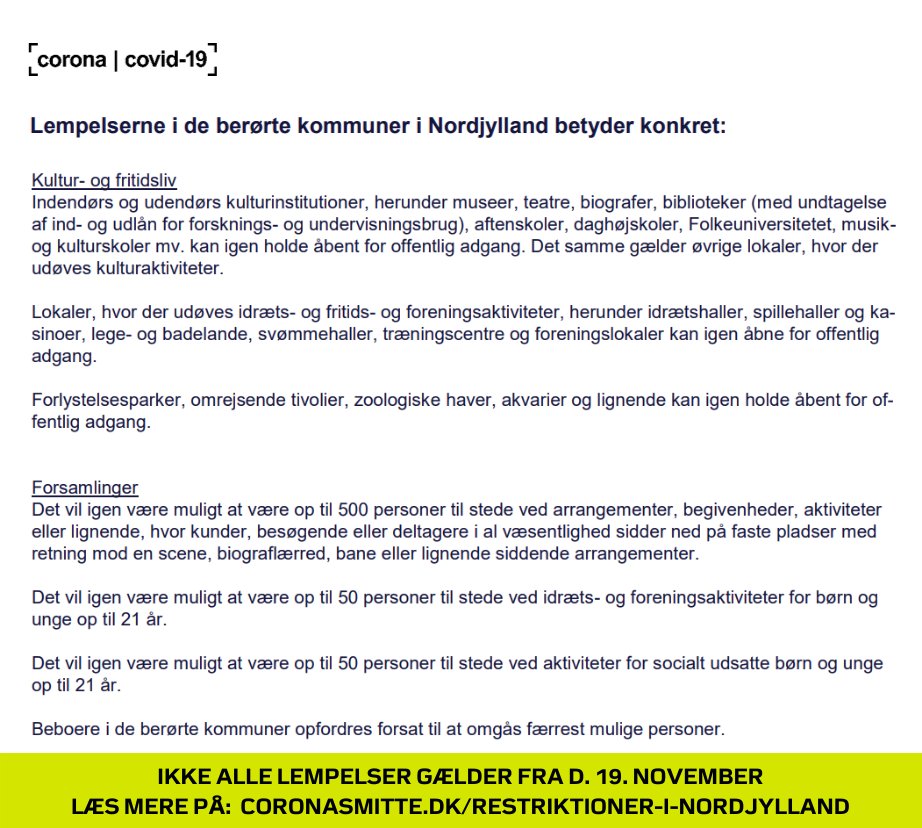 🗨 "Hvad betyder lempelserne for kultur- og fritidsliv eller forsamlingsloftet i de berørte kommuner?"
💬 Det kan du få et uddybende og konkret svar på ved at følge dette link: https://t.co/8AVuv7eItu #covid19dk #politidk https://t.co/BBhQB2asSS