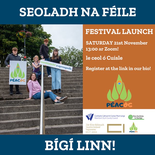 Bígí linn do sheoladh na féile! 

Join us this Saturday for the launch of Péacóg 2020 - with Mayor <a href="/damiengeoghegan/">Damien Geoghegan</a> and @cuisletrad! 

Cláraigh anseo: linktr.ee/peacog