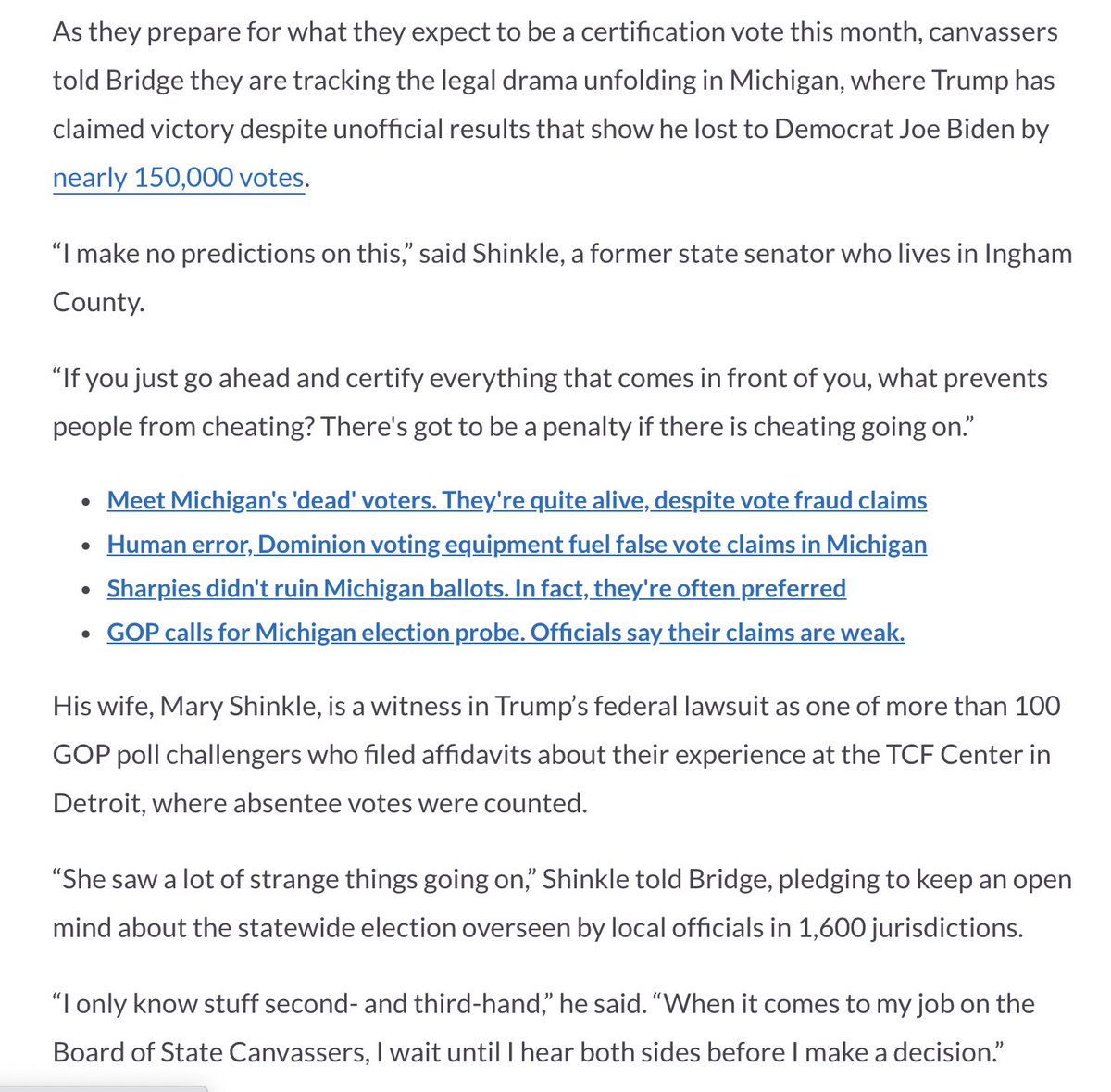One of those Republicans on MI's statewide board of canvassers is married to a witness in one of Trump's suits alleging problems,  @jonathanoosting reported last week https://www.bridgemi.com/michigan-government/four-partisans-must-certify-michigans-election-one-makes-no-promises