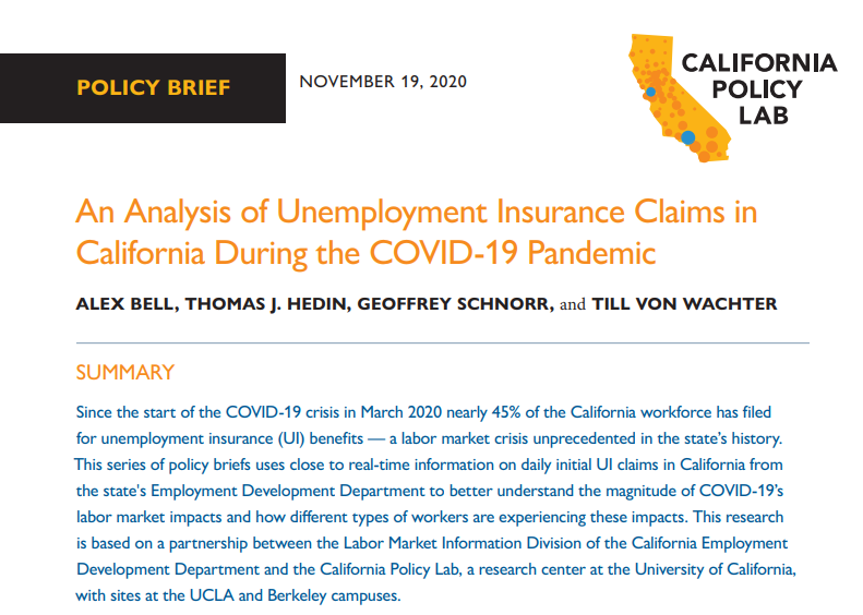 Our full report delves deeper into all of these issues and more. You can read it, or any of our previous reports, here:  https://www.capolicylab.org/publications/november-19th-analysis-of-unemployment-insurance-claims-in-california-during-the-covid-19-pandemic/Special thanks to our partners at  @CA_EDD who make all this research possible.