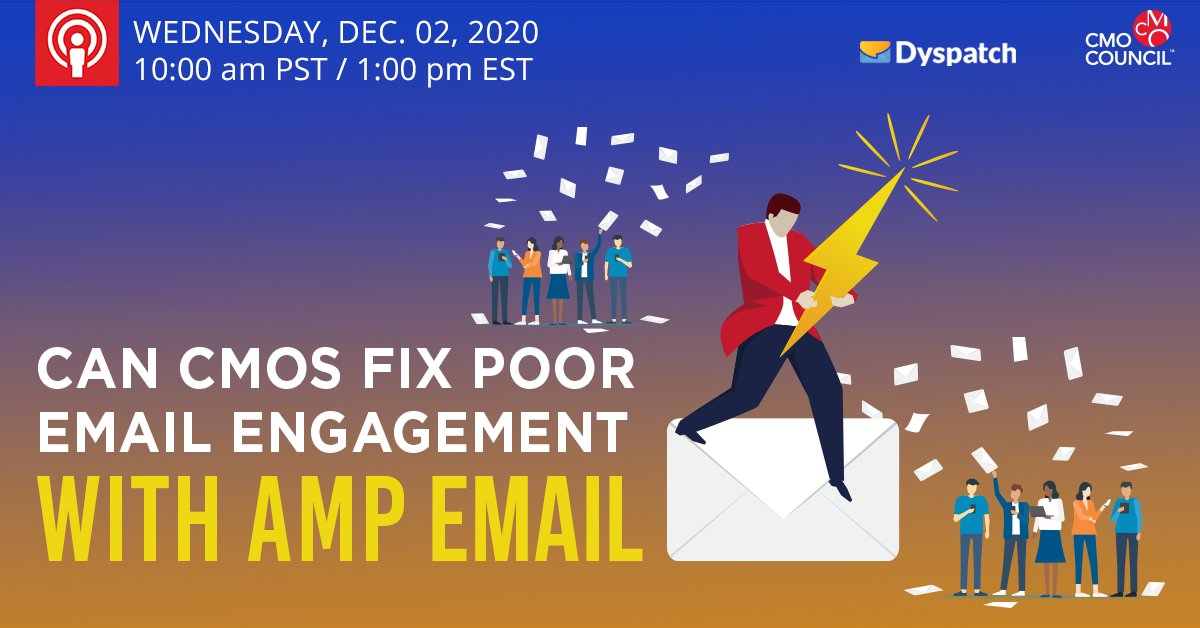 Braze's tweet image. Can CMOs fix poor email engagement with #ampforemail ? 

We&apos;ll explore all that and more with our friends at @send_with_us @CMO_Council on Wednesday, December 2 at 10:00 am PST/ 1:00 pm EST.

Register here to join us: ow.ly/2bYw50Ck1Gg