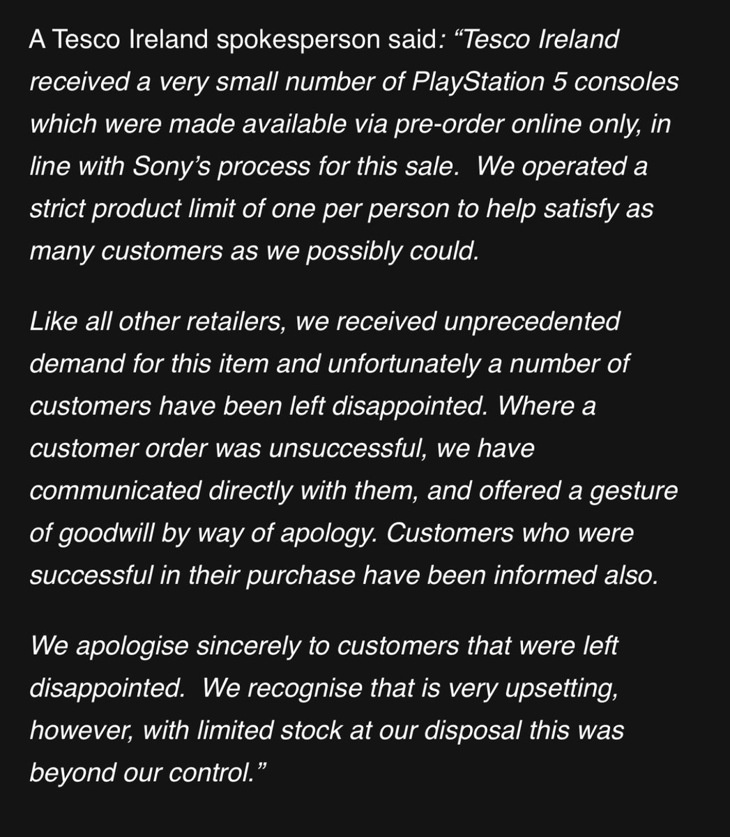 Jess Kelly On Twitter Statement From Tesco Ireland On Ps5