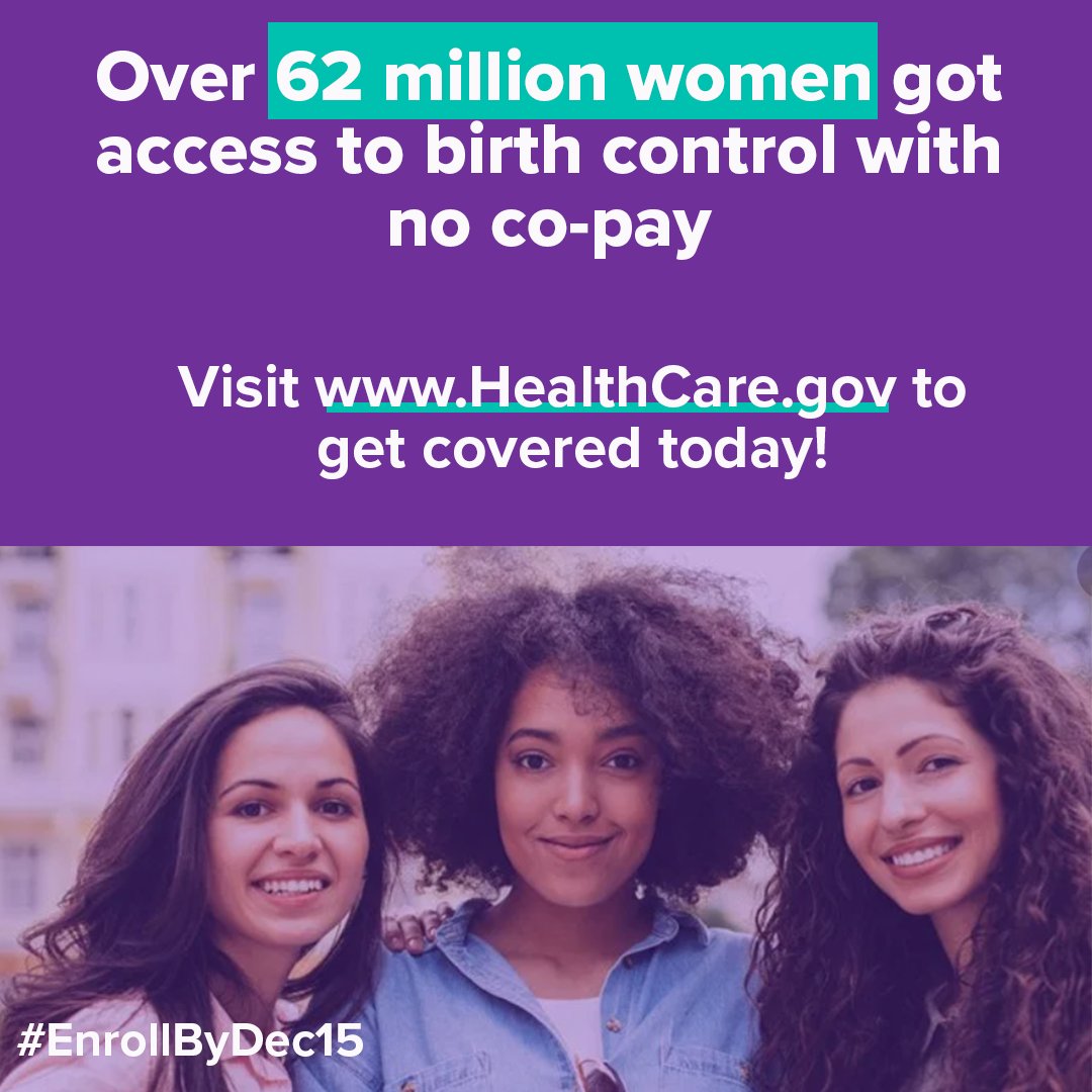 Three women smiling. Over 62 million women got access to birth control with no co-pay. Visit www.HealthCare.gov to get covered today! #EnrollByDec15