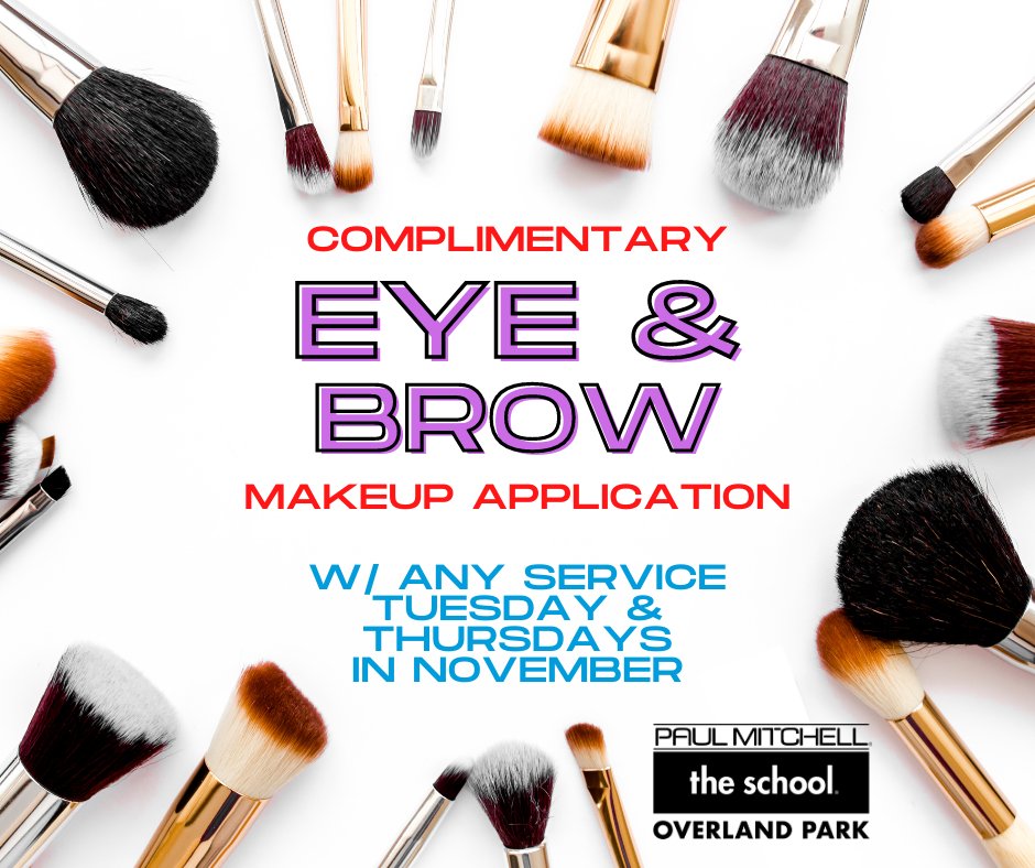 PaulMitchellOP's tweet photo. 👀TODAY &amp; every Tues/Thurs in November, receive a COMPLIMENTARY eye &amp; brow makeup application w/ ANY service!
📲Call 913.381.5757 to make an appt!
#pmtsop
#pmtslife
#cosmetologyschool
#makeup
#smokeyeye
#browsonfleek https://t.co/JIOUpEtR2F