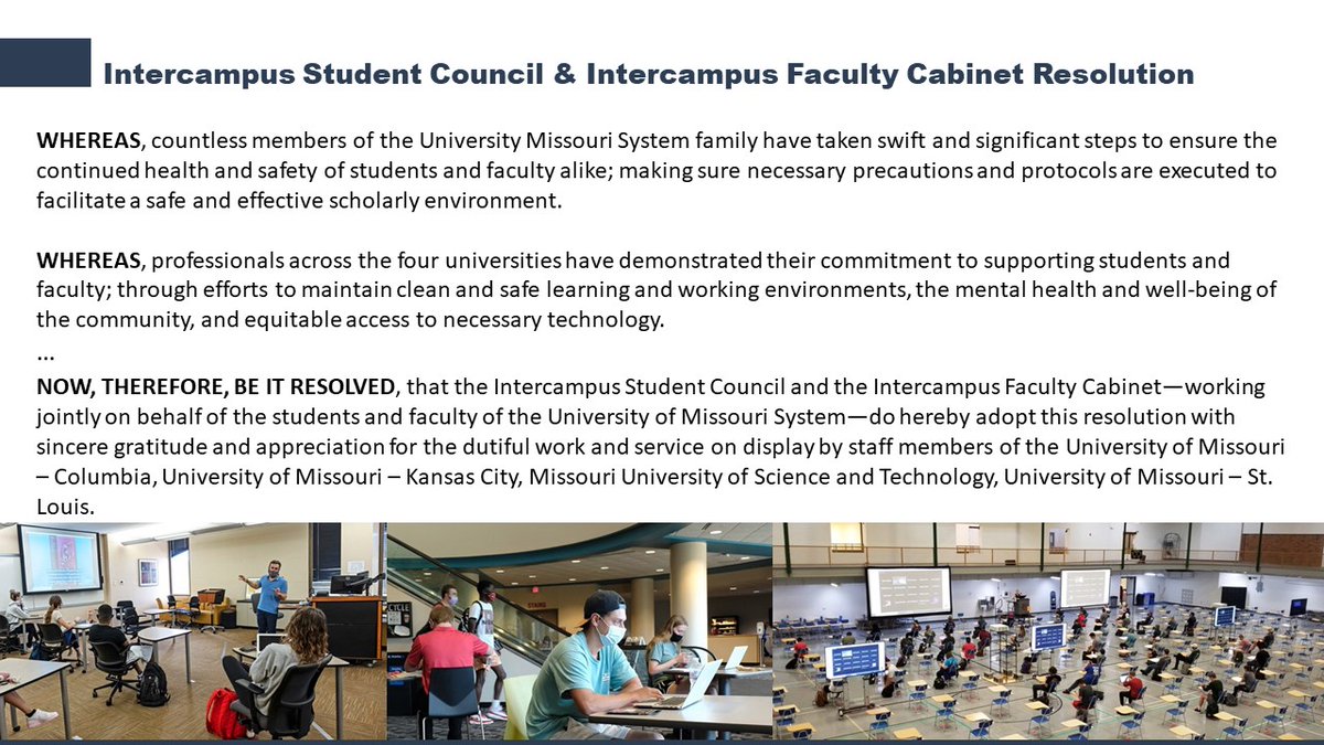 umsystem's tweet image. .@UMStudentRep Remington Williams shares the resolution that was passed by the Intercampus Student Council and the Intercampus Faculty Cabinet recognizing staff for their continued hard work to help maintain a safe and effective academic environment.