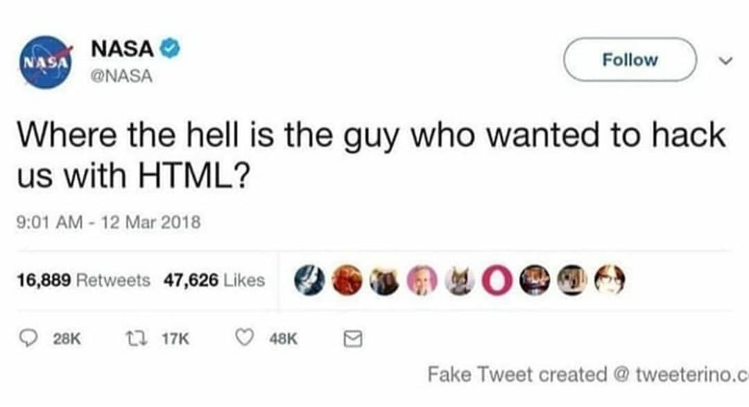 CaveProgramming's tweet image. If you find him let us know 😂
@NASA 
#NASA #html #hacktheplanet