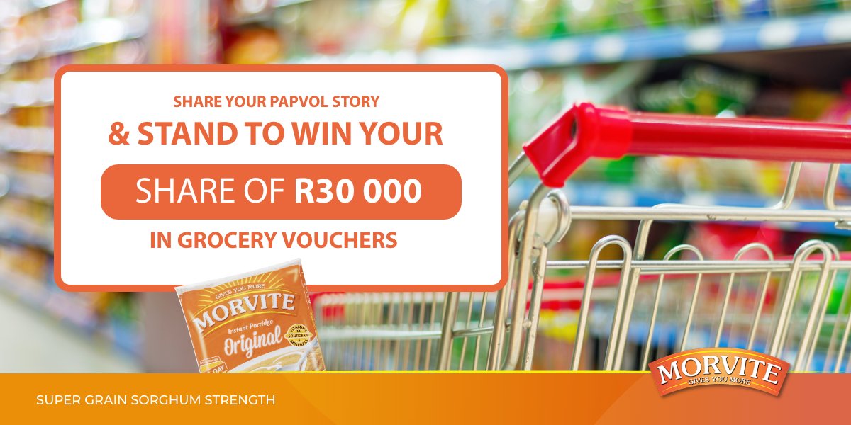 MorviteZA's tweet photo. We’re giving away over R30,000 in Shoprite grocery vouchers - just for sharing your #PapvolStory. We want to hear your stories about how eating pap left you fatigued and #Papvol! Simply share your story with the hashtags #givemestrength and #papvol and you could be a winner! https://t.co/LDiXWGlSeD