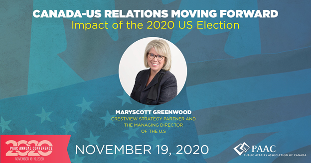 PAAC84's tweet photo. What impact will the #USElection2020 have on our country? Join us for part 2 of our first session to hear from @MaryscottG at @crestview_strat today! Thanks to @crestview_strat for your partnership on this session. #PAAC2020 #cdnpoli 🇨🇦🇺🇸 https://t.co/AH1rvNbdqx