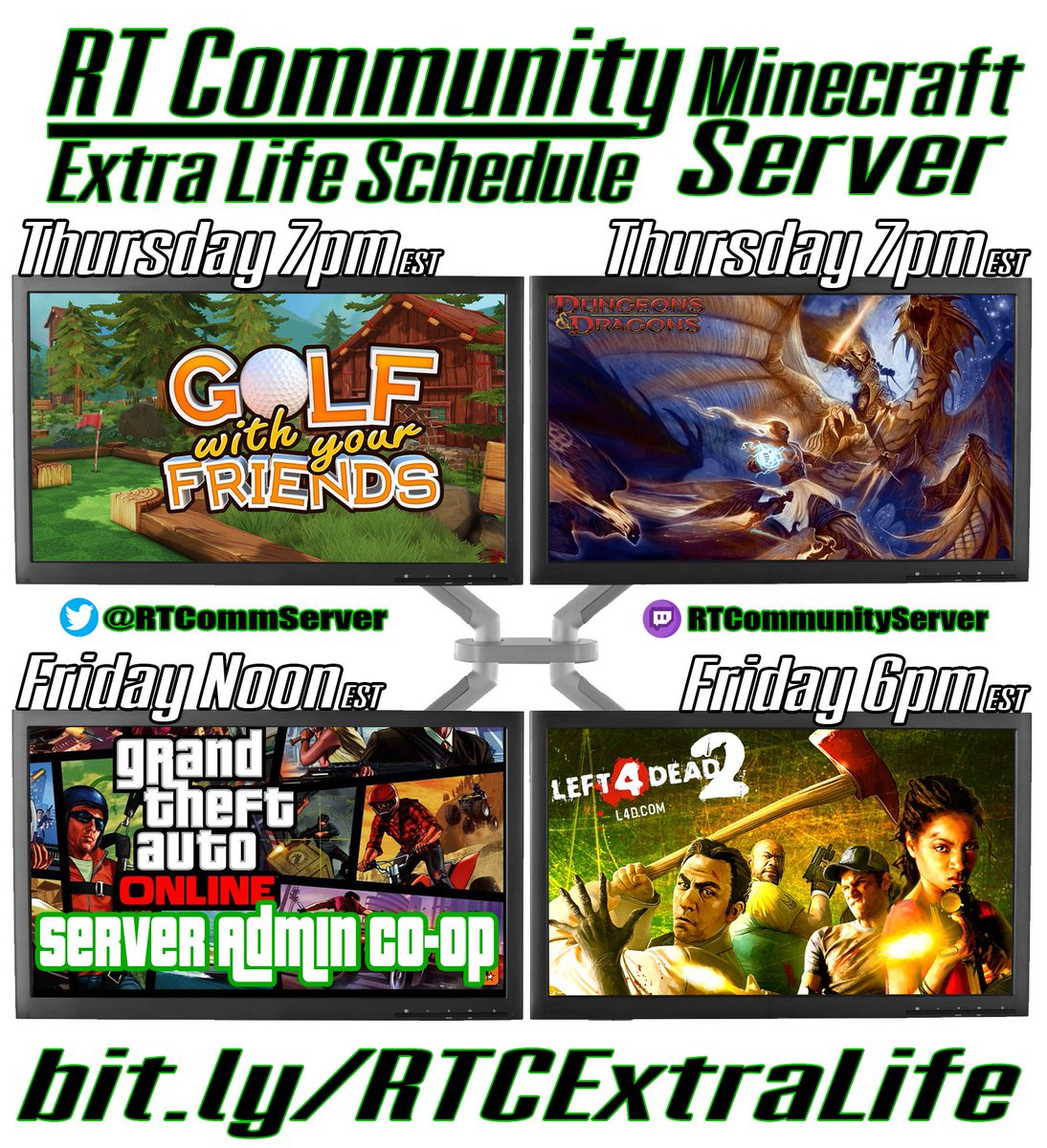 RTCommServer's tweet photo. Games for Thursday &amp; Friday! 

For Friday, server admin @ladyinkandquill &amp; server founder @I_am_Evon will be roaming the map, Bonnie and Clyde style, robbing all the gas stations on the map! 

Come watch them and donate your un-stolen money to help kids in hospitals #ExtraLife https://t.co/eixxBdccuA