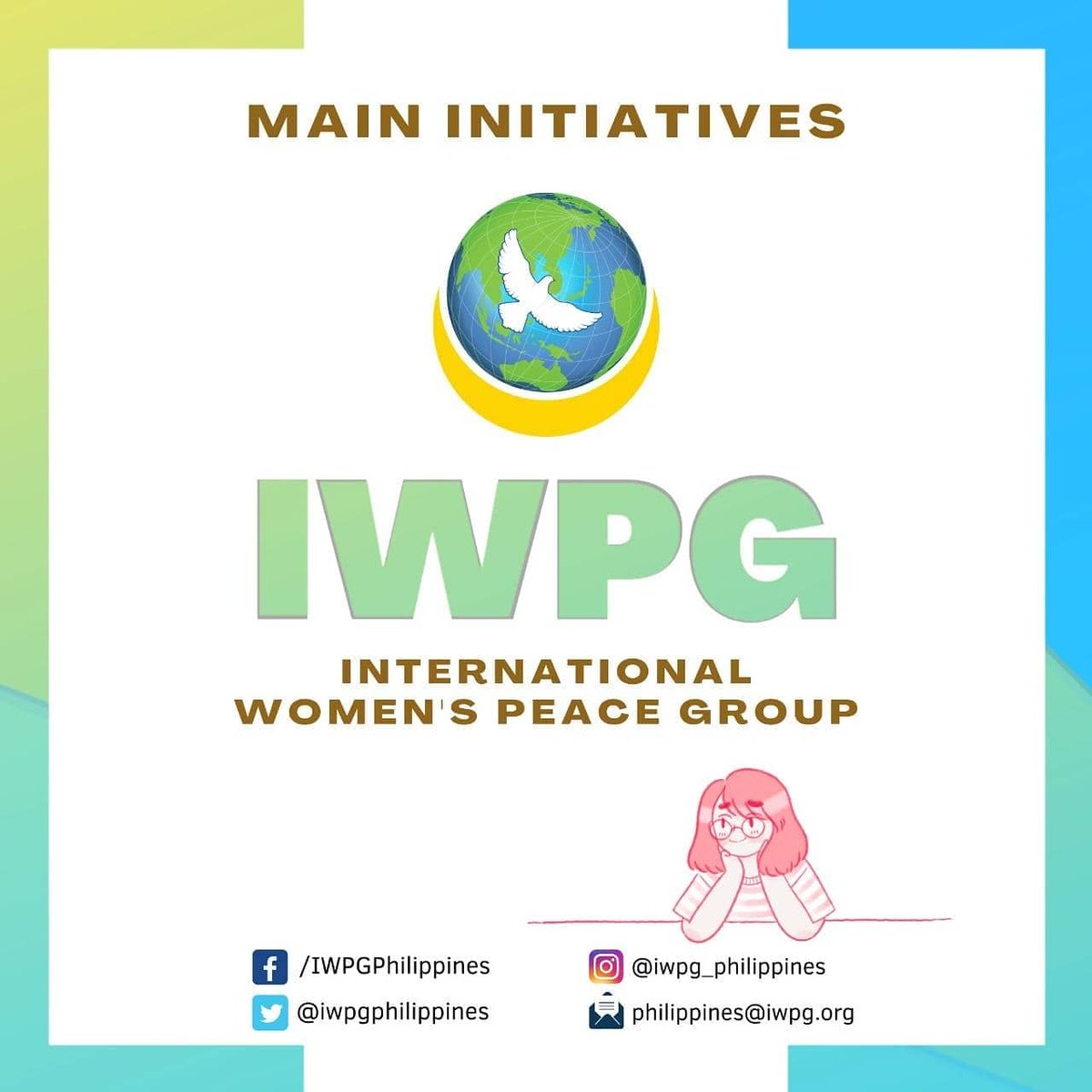 Last time, we got to see a little background of IWPG. Let's know more about it by looking at these 4 Main Initiatives. 

Initiative - an introductory act or step to do something

Take this step with us in paving the way to PEACE. 🕊️🕊️

instagram.com/p/CHxtIcCB-zF/…