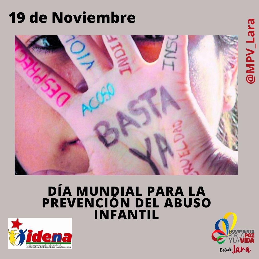 #19Nov ¡Le Decimos NO! al abuso infantil de nuestros niños, niñas y adolescentes. Cuidemos juntos al semillero del mañana. ¡Prevenir es tu deber! 

#CLAPEnVanguardia 

@Idennadistrito 
@FunMovPazYVida1 
@QuijadaWinnie 
@Miguelangel_gch 
@Educacionlara 
@gobiernodelara_