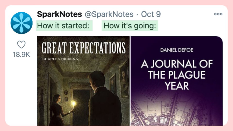 3/ MemesMake your brand relatable. Sparknotes sells literature study guides. Twitter and literature study guides don't mix. So Sparknotes use pop-culture to make literature relatable.