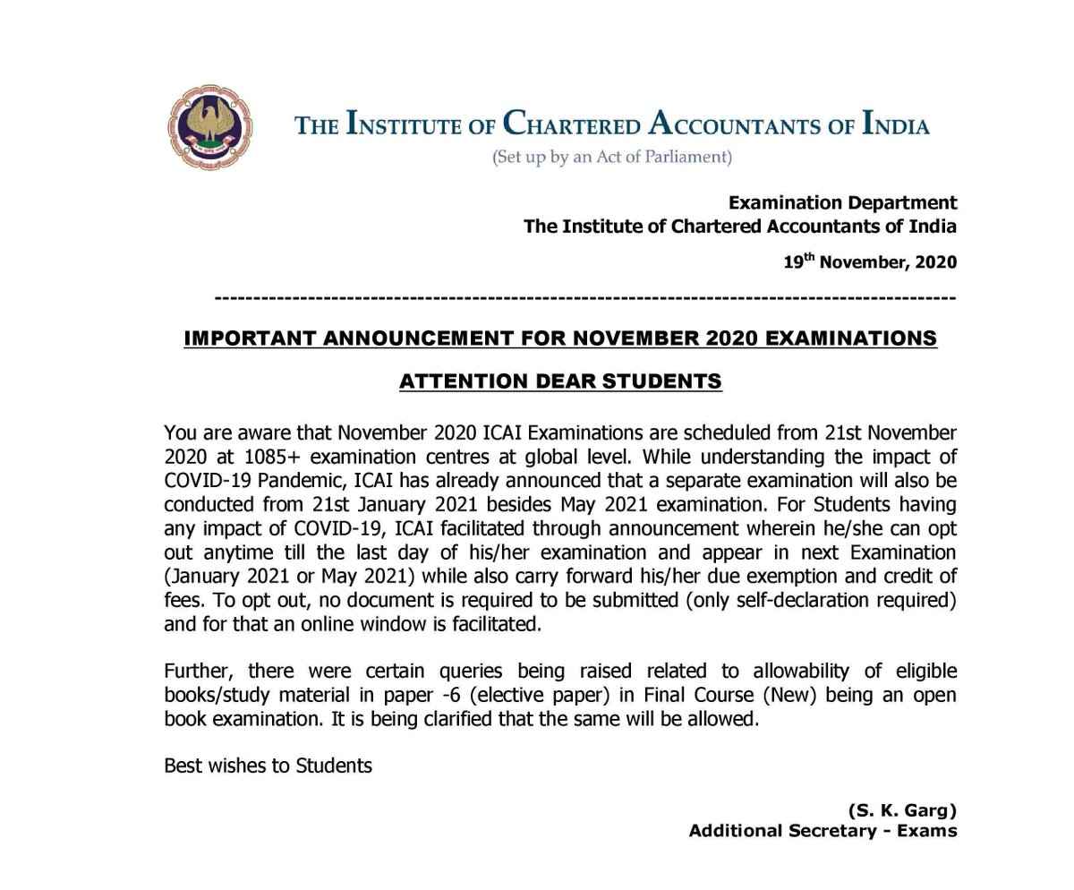 theicai's tweet photo. Imp. Announcement - Instructions for Candidates for ICAI Nov 2020 Exams regd. Opt Out, Carry forward of Exemption/exam fees and queries related to allowability of eligible books/study material in paper -6 (elective paper) in Final Course (New)
Details at
https://t.co/qt8LCJiIed https://t.co/ojJtoS1njr