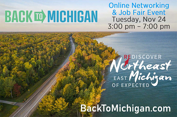 MichiganTalent's tweet photo. Looking for a job in Northeast Michigan? Register for the Nov. 24 Virtual Job Fair (it’s free!) Connect with area employers who looking to hire NOW. This is part of the #BackToMichigan virtual networking series. https://t.co/FNooiGi9rF https://t.co/MOs0No1dPl https://t.co/jLaIZ4itdC