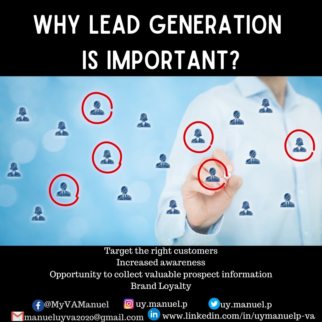 manuelhyperloop's tweet photo. Why Lead Generation is Important?
1. Target the right customers
2. Increased awareness
3. Opportunity to collect valuable prospect information
4. Brand Loyalty
Hire one now!
And see the difference
#VirtualAssistant
#freelancing
#onlineVA https://t.co/xCXuupWbBO