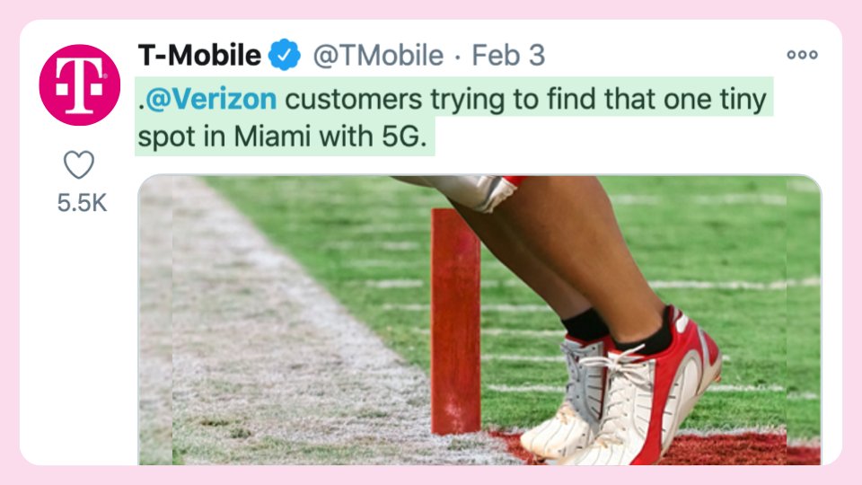 6/ Brand beefPeople love drama. T-Mobile bragging about their 5G is boring. T-Mobile roasting Verizon's 5G is hilarious.
